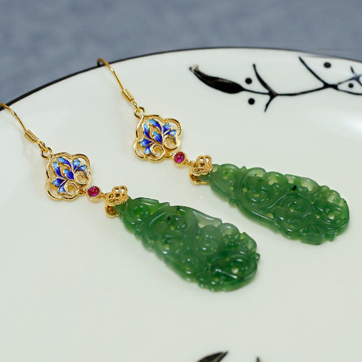 Boucles d'oreilles en argent sterling 925 émaillé et jade Hetian creux avec Buddha Stones - image 5