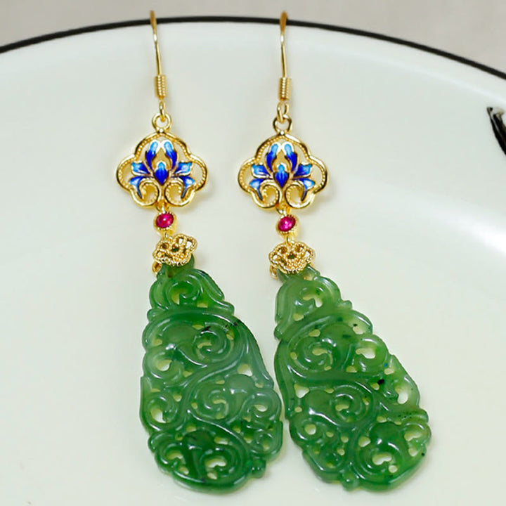 Boucles d'oreilles en argent sterling 925 émaillé et jade Hetian creux avec Buddha Stones - image 10