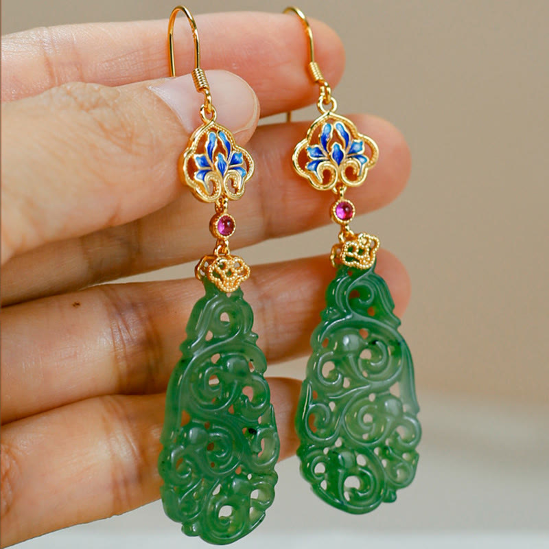 Boucles d'oreilles en argent sterling 925 émaillé et jade Hetian creux avec Buddha Stones - image 13