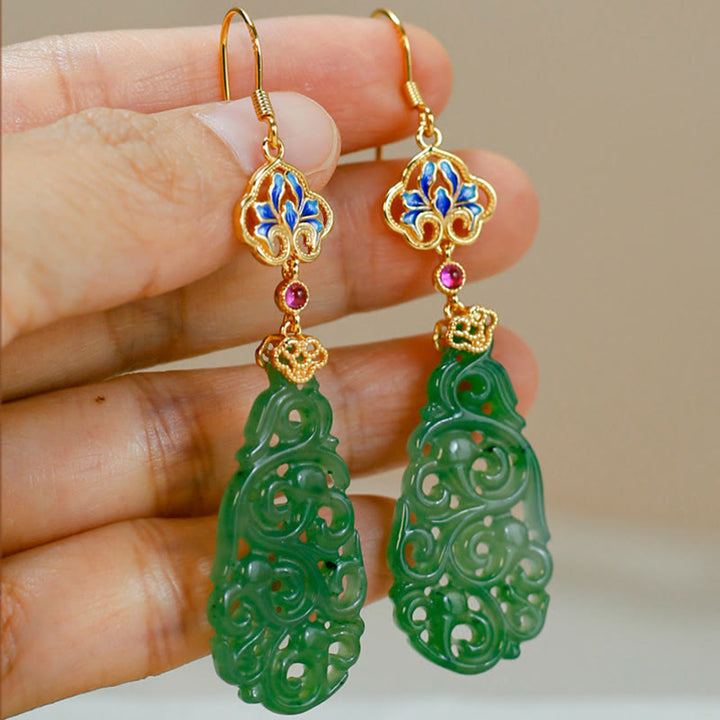 Boucles d'oreilles en argent sterling 925 émaillé et jade Hetian creux avec Buddha Stones - image 13