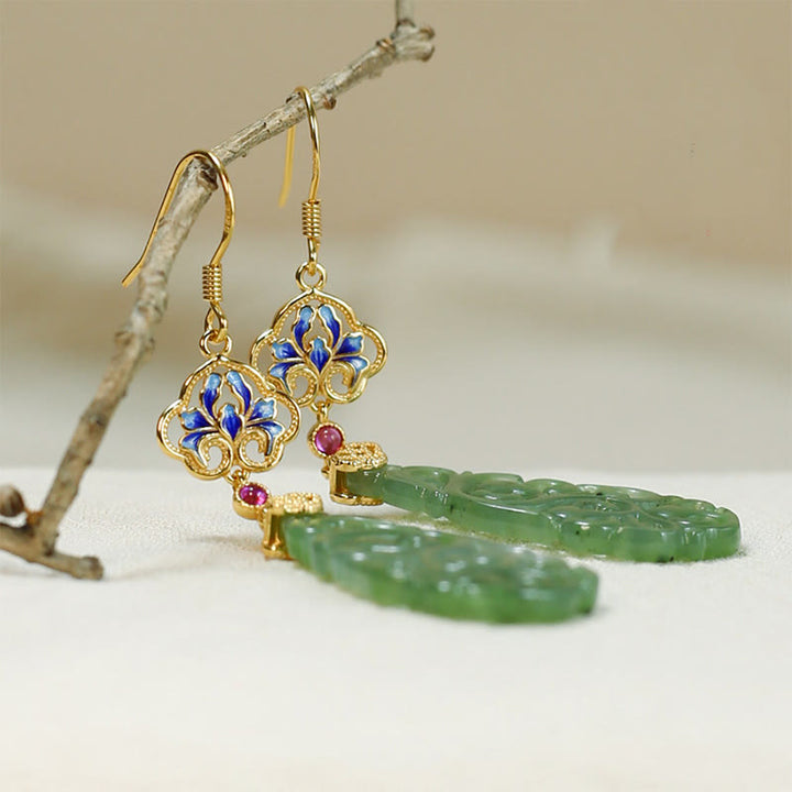 Boucles d'oreilles en argent sterling 925 émaillé et jade Hetian creux avec Buddha Stones - image 4