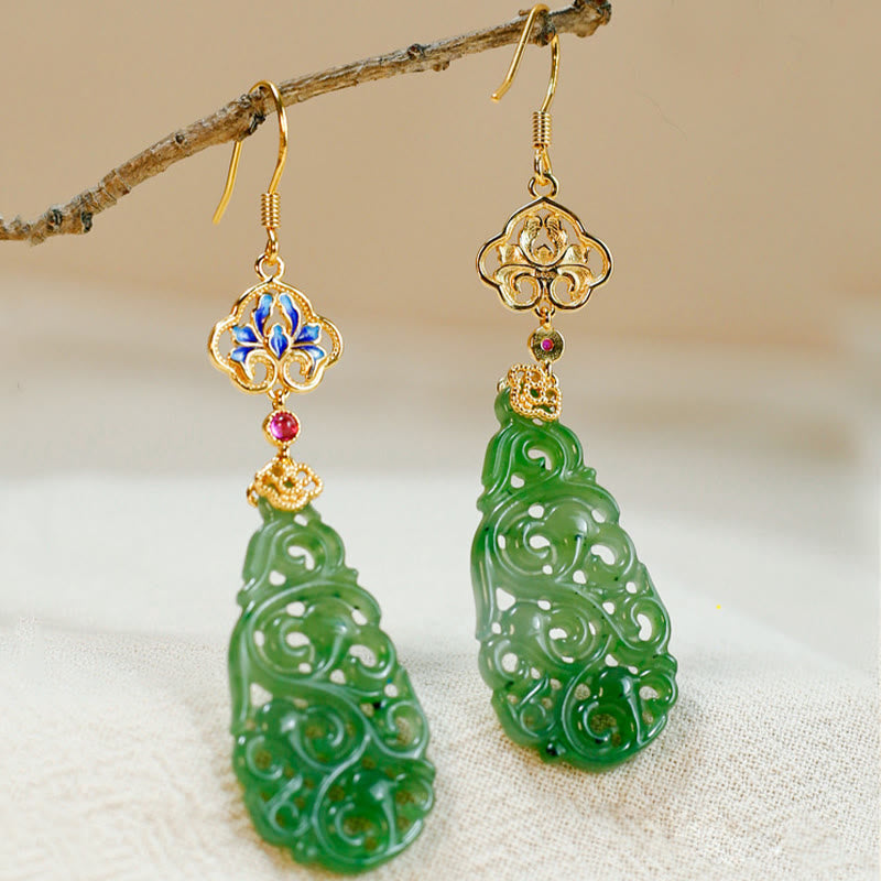 Boucles d'oreilles en argent sterling 925 émaillé et jade Hetian creux avec Buddha Stones - Poteaux en jade et argent Hetian - image 1
