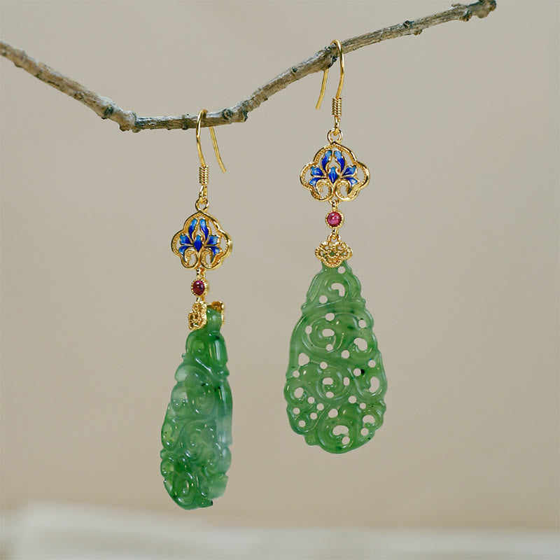 Boucles d'oreilles en argent sterling 925 émaillé et jade Hetian creux avec Buddha Stones - image 12