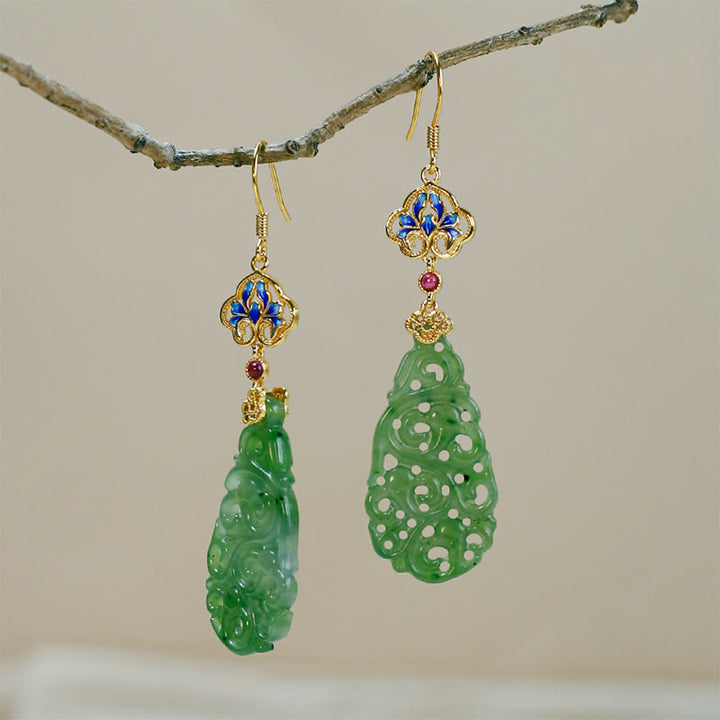 Boucles d'oreilles en argent sterling 925 émaillé et jade Hetian creux avec Buddha Stones - image 12