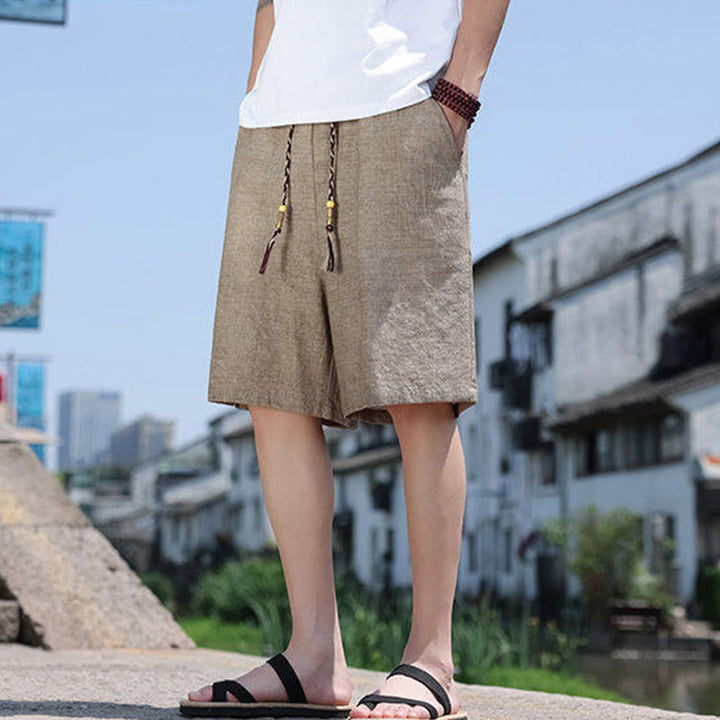Short court en lin pour homme avec poches et perles et Buddha Stones - Tanné - US18，UK/AU22，EU50 (5XL) - image 1