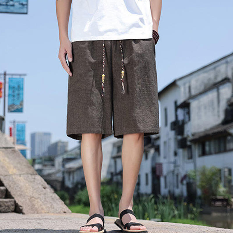 Short court en lin pour homme avec poches et perles et Buddha Stones - SaddleBrown - US18，UK/AU22，EU50 (5XL) - image 7