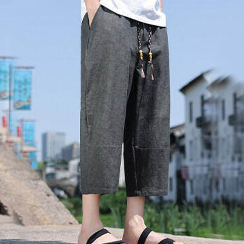 Pantalon décontracté en élasthanne avec cordon de serrage et perles tissées Buddha Stones pour homme, longueur 7-8, avec poches - image 1