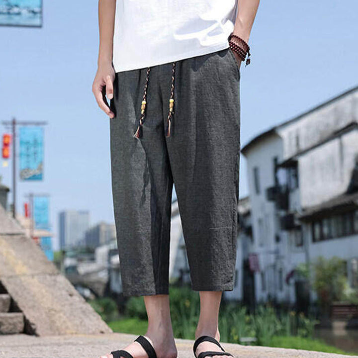 Pantalon décontracté en élasthanne avec cordon de serrage et perles tissées Buddha Stones pour homme, longueur 7-8, avec poches - image 3