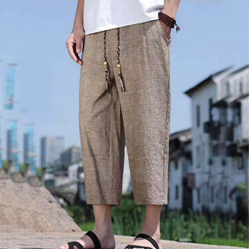 Pantalon décontracté en élasthanne avec cordon de serrage et perles tissées Buddha Stones pour homme, longueur 7-8, avec poches - image 13