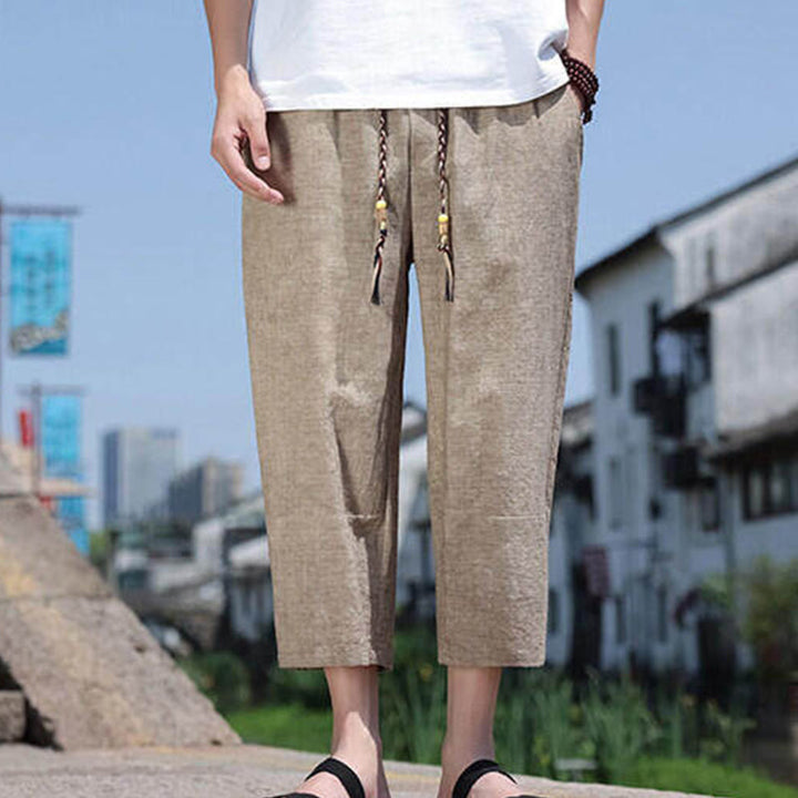 Pantalon décontracté en élasthanne avec cordon de serrage et perles tissées Buddha Stones pour homme, longueur 7-8, avec poches - Tanné - US/UK/AU46，EU56 (5XL) - image 12