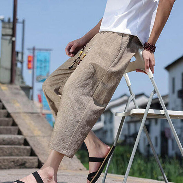 Pantalon décontracté en élasthanne avec cordon de serrage et perles tissées Buddha Stones pour homme, longueur 7-8, avec poches - image 17
