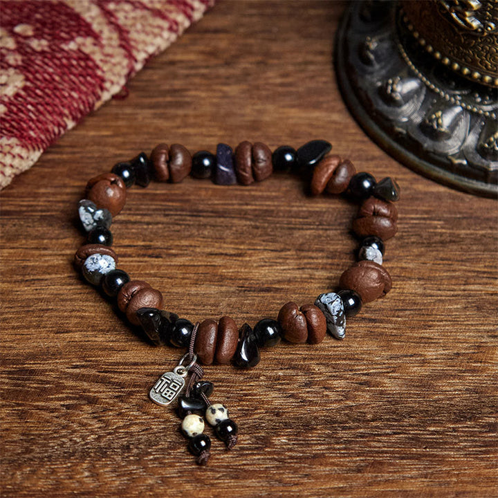 Bracelet de protection en Buddha Stones de café naturels et œil de tigre Fu - Grain de café (tour de poignet : 15-18 cm) - image 1