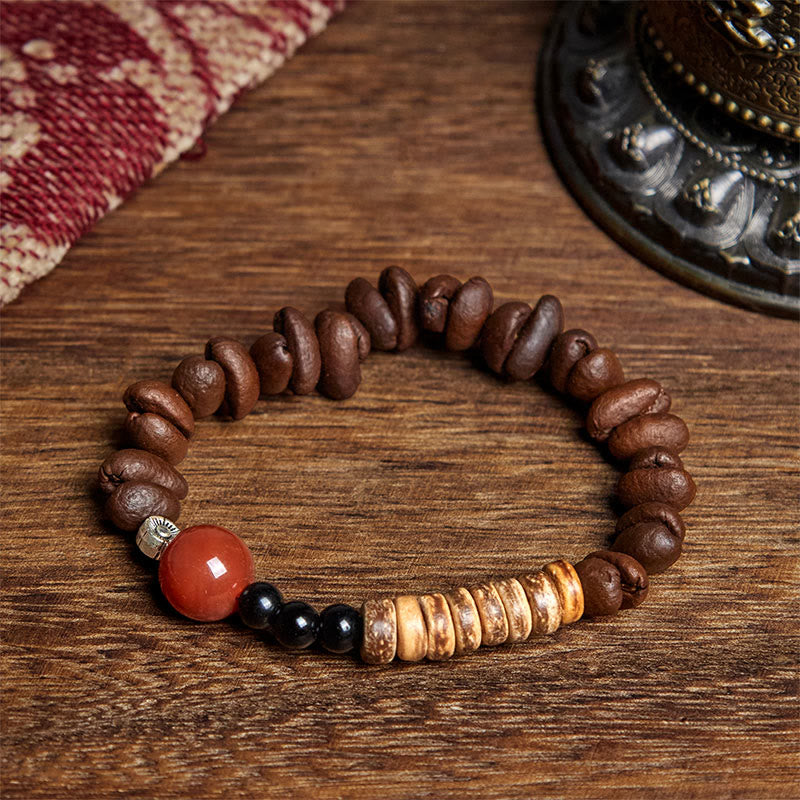 Bracelet en perles de noix de coco et agate rouge en grains de café naturels de Buddha Stones - image 2