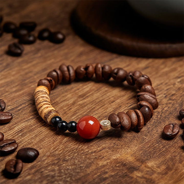 Bracelet en perles de noix de coco et agate rouge en grains de café naturels de Buddha Stones - Grain de café (tour de poignet : 16 cm) - image 1