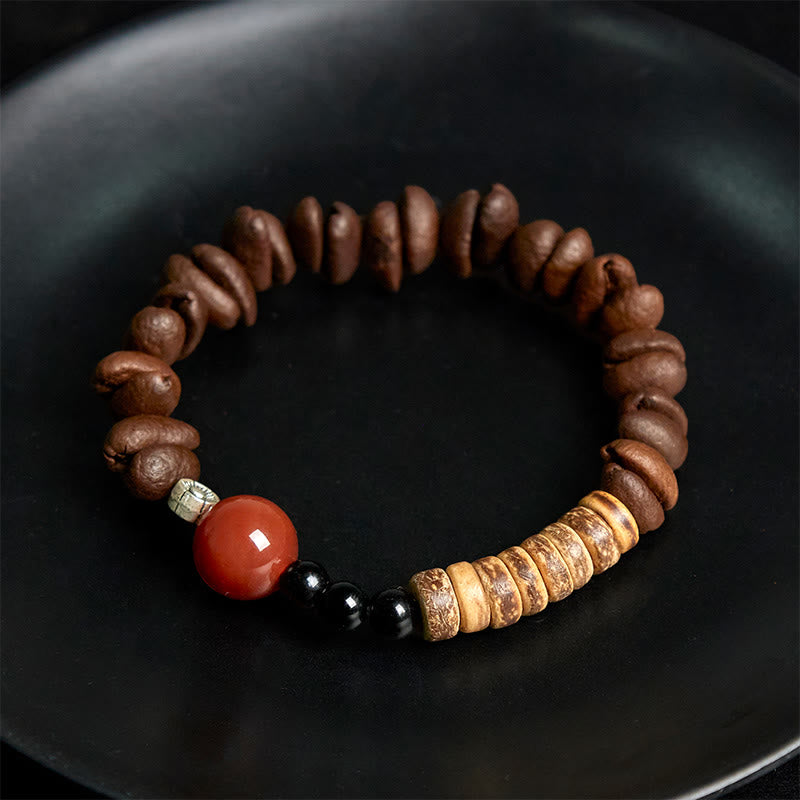 Bracelet en perles de noix de coco et agate rouge en grains de café naturels de Buddha Stones - image 4