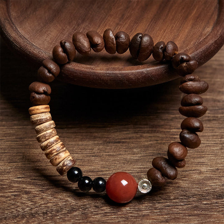 Bracelet en perles de noix de coco et agate rouge en grains de café naturels de Buddha Stones - image 3