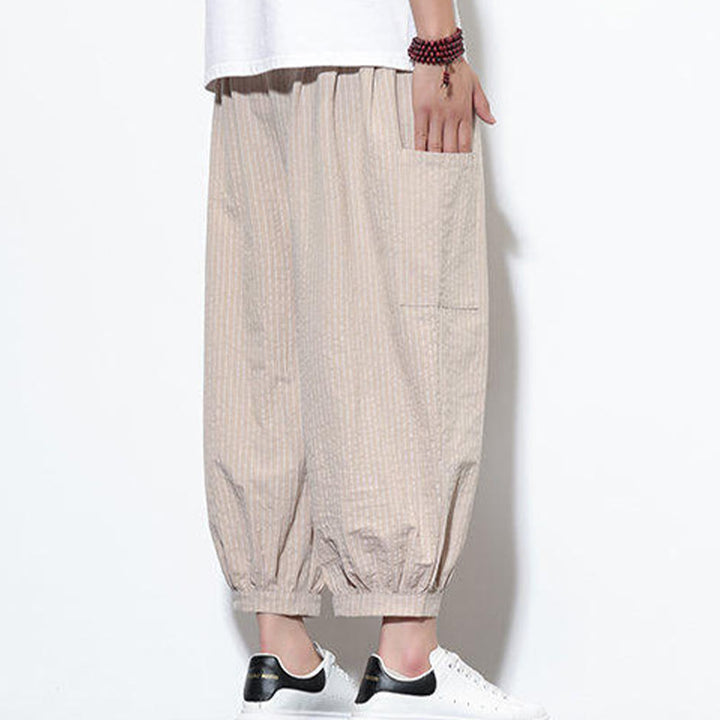 Pantalon sarouel décontracté à rayures en coton pour homme, longueur 7-8, avec poches, Buddha Stones - image 1