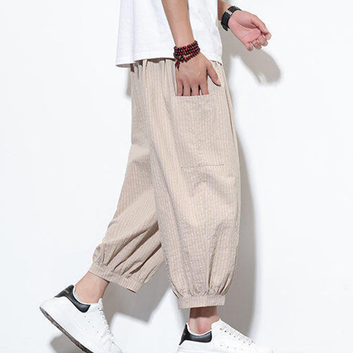 Pantalon sarouel décontracté à rayures en coton pour homme, longueur 7-8, avec poches, Buddha Stones - image 2