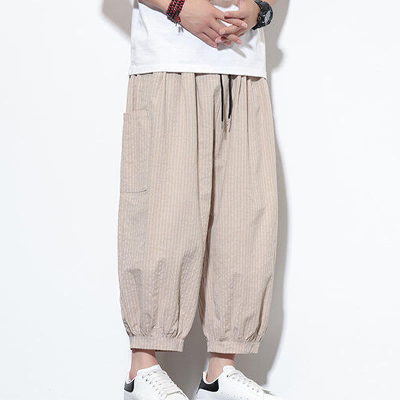 Pantalon sarouel décontracté à rayures en coton pour homme, longueur 7-8, avec poches, Buddha Stones - image 5