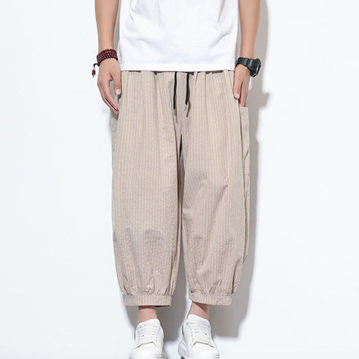 Pantalon sarouel décontracté à rayures en coton pour homme, longueur 7-8, avec poches, Buddha Stones - image 3