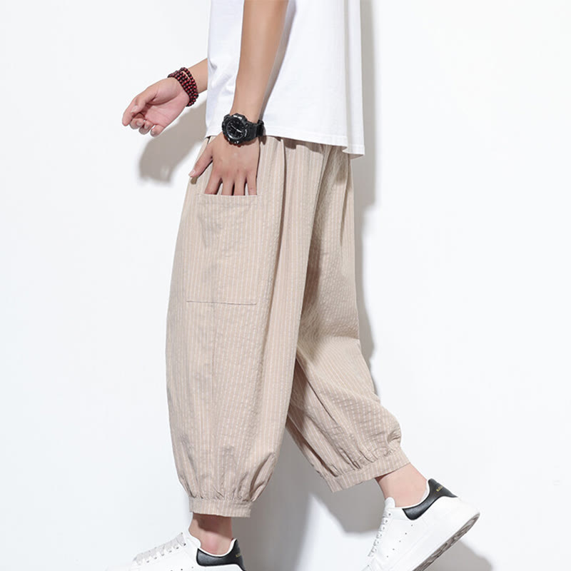 Pantalon sarouel décontracté à rayures en coton pour homme, longueur 7-8, avec poches, Buddha Stones - Bisque - US/UK/AU46，EU56 (5XL) - image 0