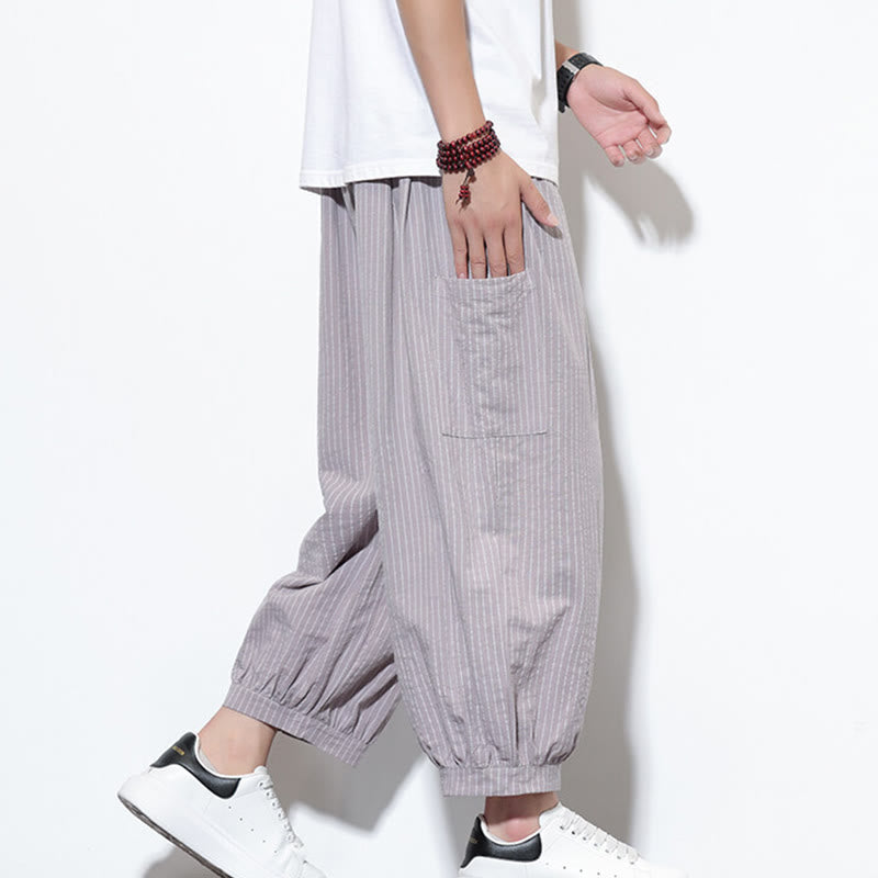 Pantalon sarouel décontracté à rayures en coton pour homme, longueur 7-8, avec poches, Buddha Stones - image 17