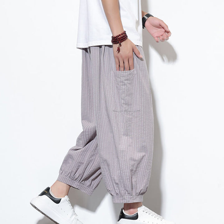 Pantalon sarouel décontracté à rayures en coton pour homme, longueur 7-8, avec poches, Buddha Stones - image 17