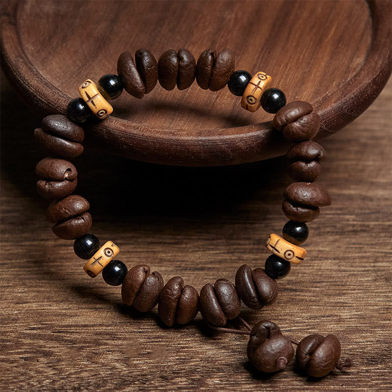 Bracelet de perles en os de yak et grains de café naturels Buddha Stones