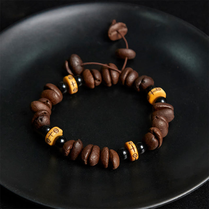 Bracelet de perles en os de yak et grains de café naturels Buddha Stones