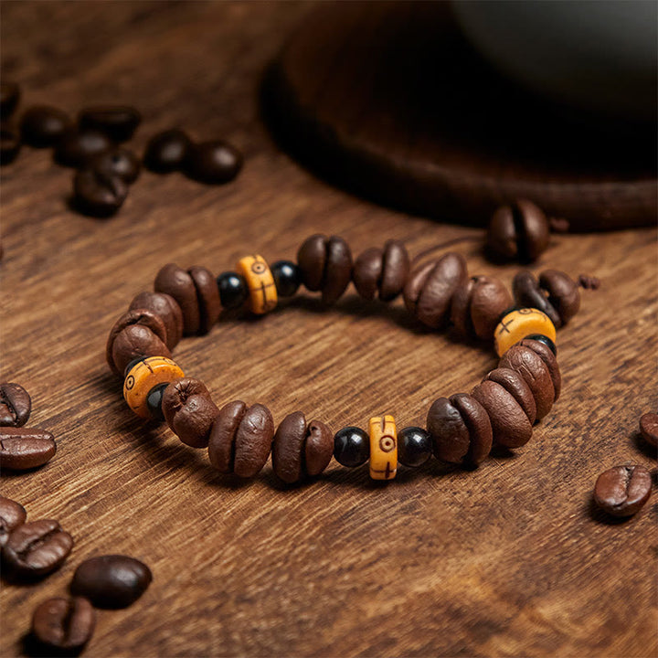 Bracelet de perles en os de yak et grains de café naturels Buddha Stones