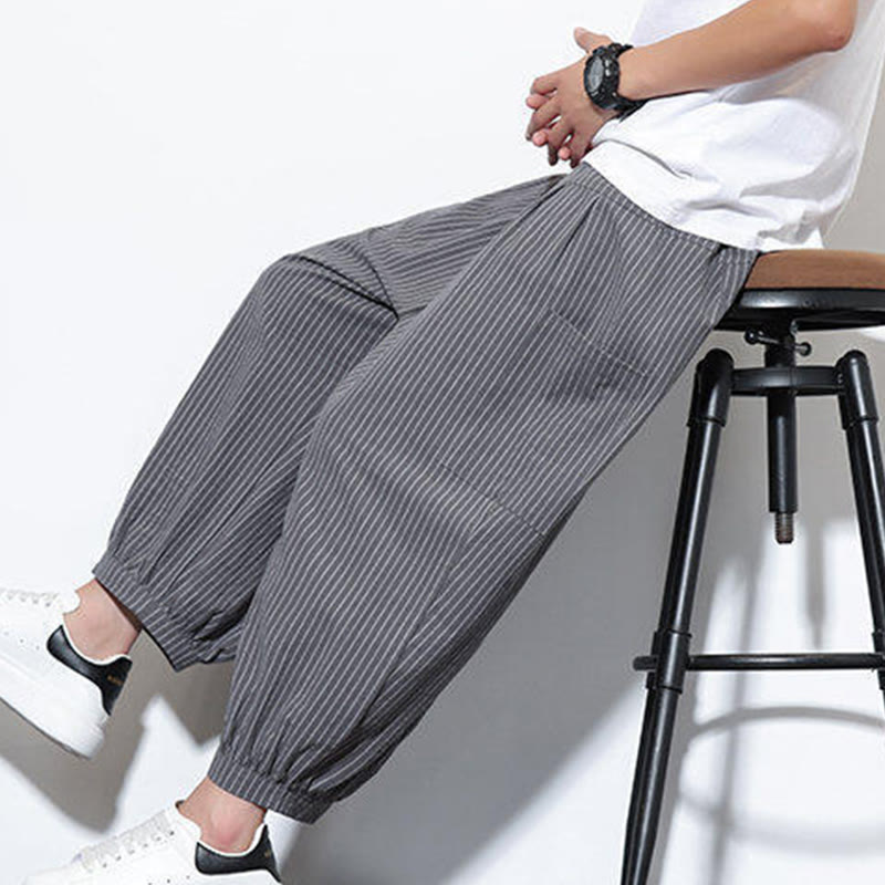 Pantalon sarouel décontracté à rayures en coton pour homme, longueur 7-8, avec poches, Buddha Stones - image 29