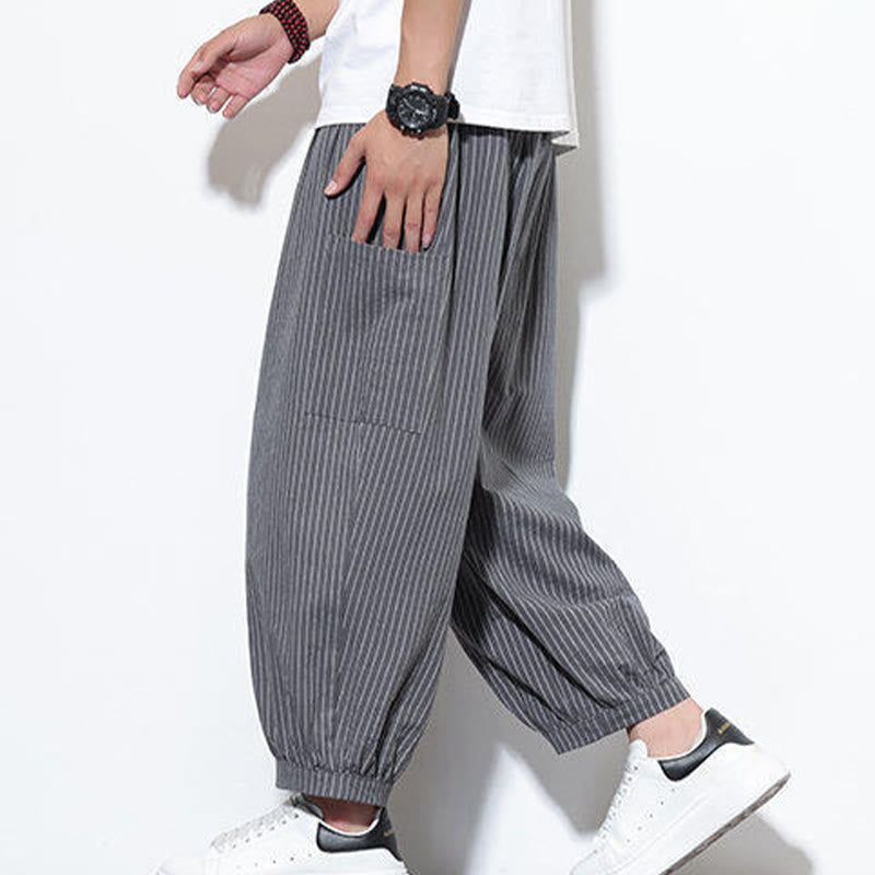Pantalon sarouel décontracté à rayures en coton pour homme, longueur 7-8, avec poches, Buddha Stones - Gris - US/UK/AU46，EU56 (5XL) - image 21