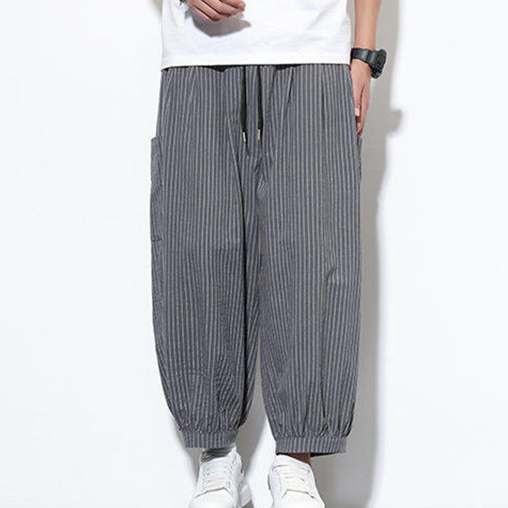 Pantalon sarouel décontracté à rayures en coton pour homme, longueur 7-8, avec poches, Buddha Stones - image 24