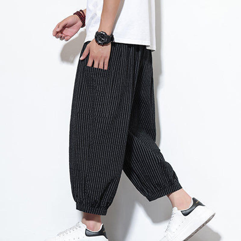 Pantalon sarouel décontracté à rayures en coton pour homme, longueur 7-8, avec poches, Buddha Stones - Noir - US/UK/AU46，EU56 (5XL) - image 29