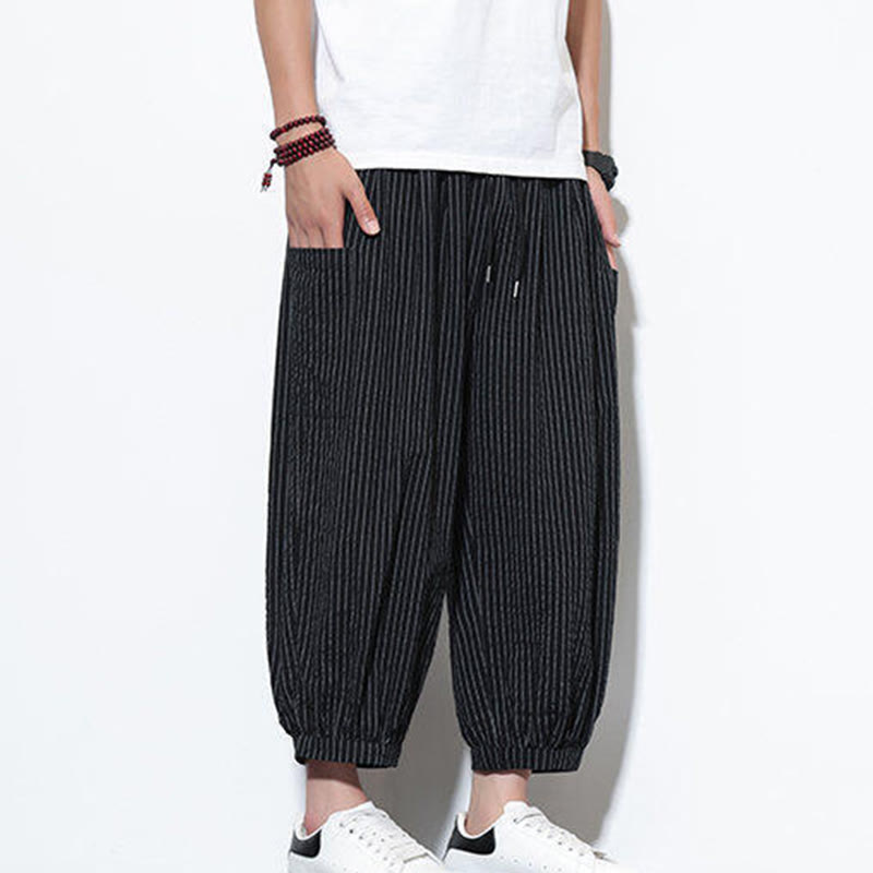 Pantalon sarouel décontracté à rayures en coton pour homme, longueur 7-8, avec poches, Buddha Stones - image 32