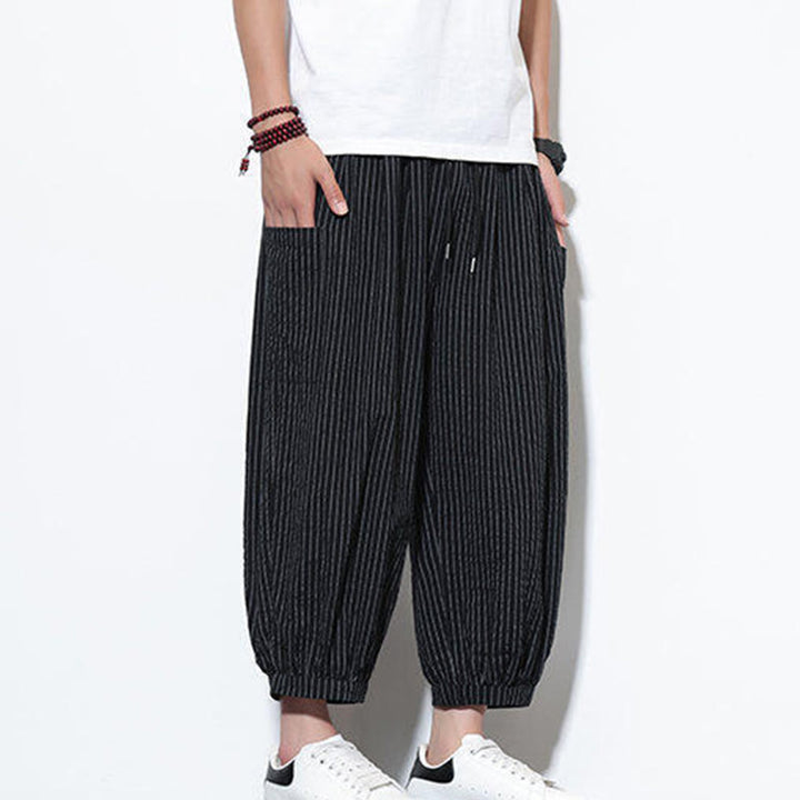 Pantalon sarouel décontracté à rayures en coton pour homme, longueur 7-8, avec poches, Buddha Stones - image 32