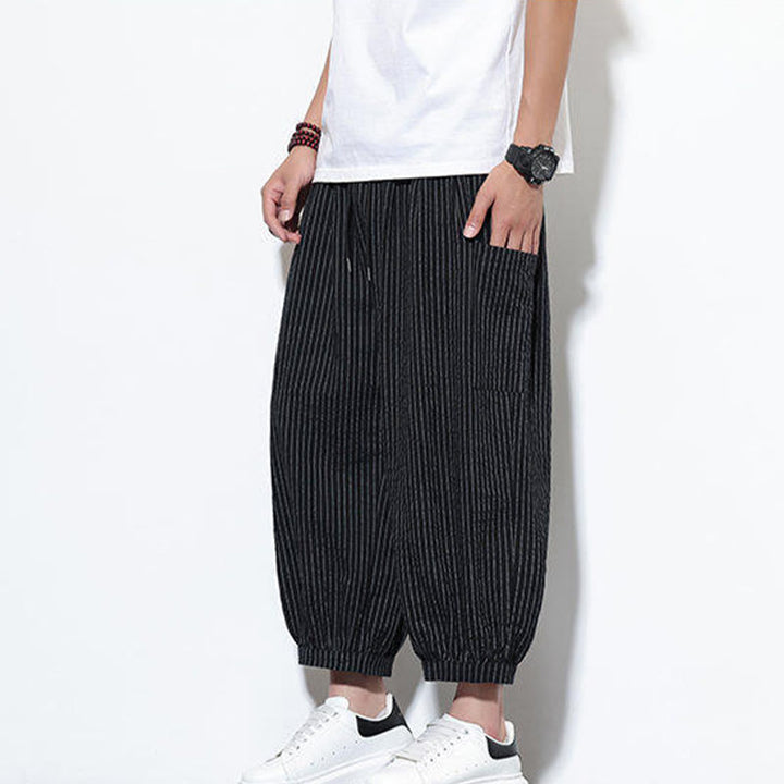 Pantalon sarouel décontracté à rayures en coton pour homme, longueur 7-8, avec poches, Buddha Stones - image 34