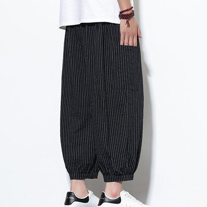 Pantalon sarouel décontracté à rayures en coton pour homme, longueur 7-8, avec poches, Buddha Stones - image 33