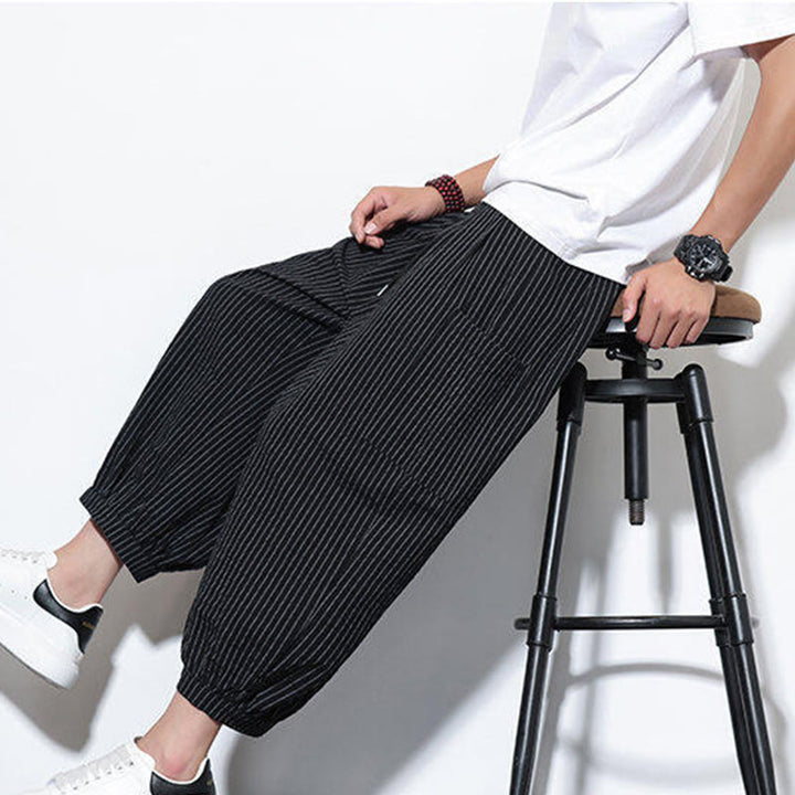 Pantalon sarouel décontracté à rayures en coton pour homme, longueur 7-8, avec poches, Buddha Stones - image 36