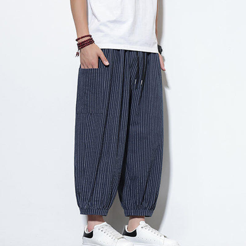Pantalon sarouel décontracté à rayures en coton pour homme, longueur 7-8, avec poches, Buddha Stones - image 42