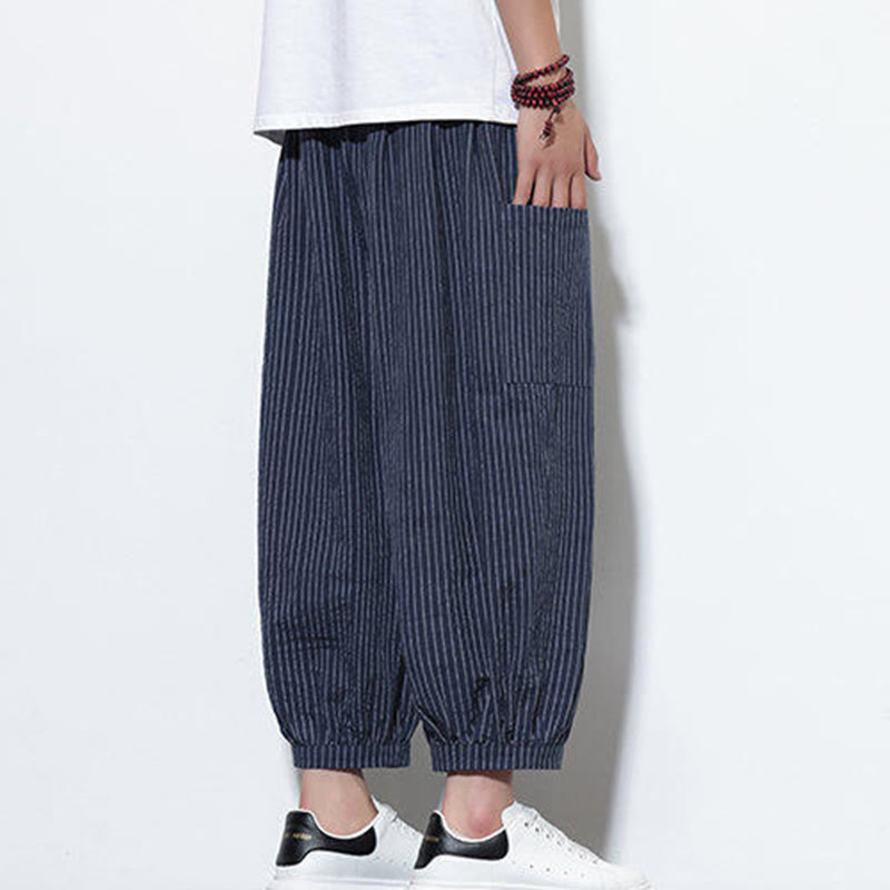 Pantalon sarouel décontracté à rayures en coton pour homme, longueur 7-8, avec poches, Buddha Stones - image 41