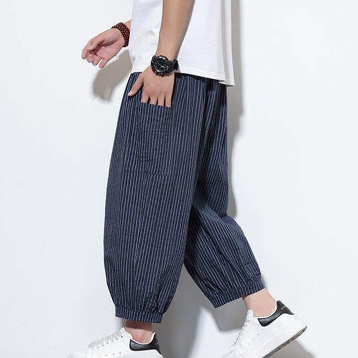 Pantalon sarouel décontracté à rayures en coton pour homme, longueur 7-8, avec poches, Buddha Stones - image 46
