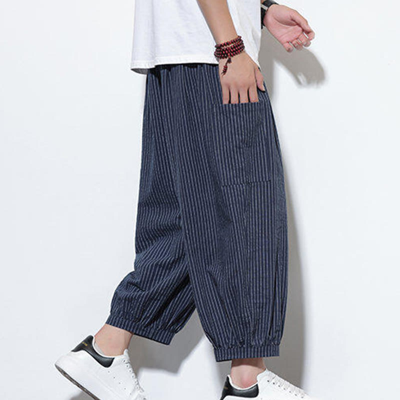 Pantalon sarouel décontracté à rayures en coton pour homme, longueur 7-8, avec poches, Buddha Stones - image 39