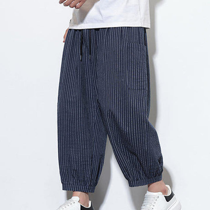 Pantalon sarouel décontracté à rayures en coton pour homme, longueur 7-8, avec poches, Buddha Stones - image 43