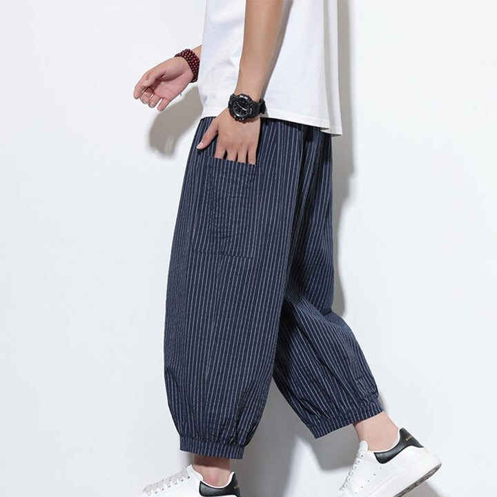 Pantalon sarouel décontracté à rayures en coton pour homme, longueur 7-8, avec poches, Buddha Stones - Bleu foncé - US/UK/AU46，EU56 (5XL) - image 37