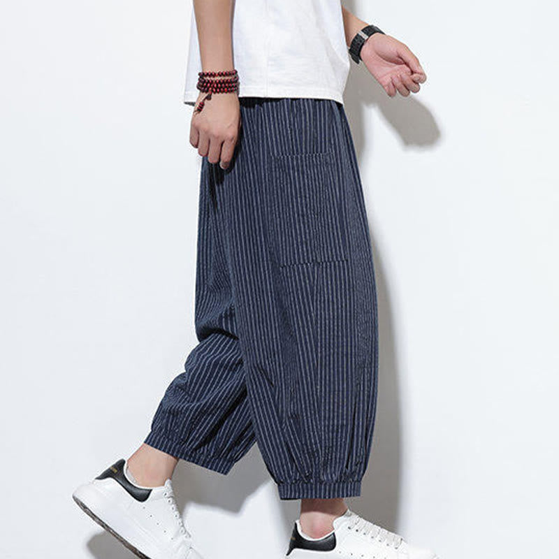 Pantalon sarouel décontracté à rayures en coton pour homme, longueur 7-8, avec poches, Buddha Stones - image 44