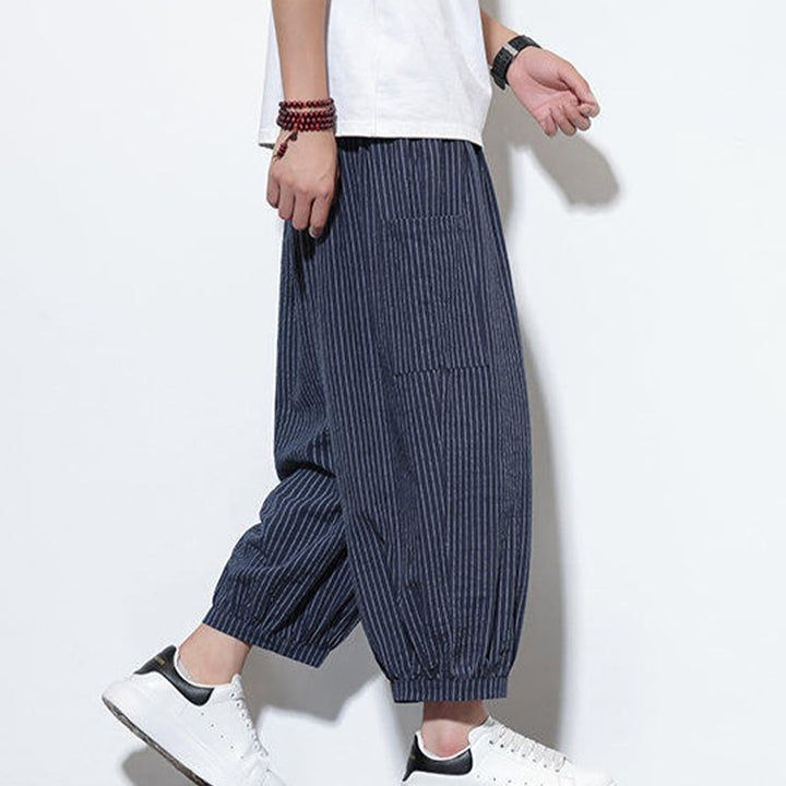 Pantalon sarouel décontracté à rayures en coton pour homme, longueur 7-8, avec poches, Buddha Stones - image 44