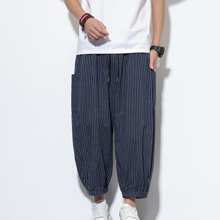 Pantalon sarouel décontracté à rayures en coton pour homme, longueur 7-8, avec poches, Buddha Stones - image 44