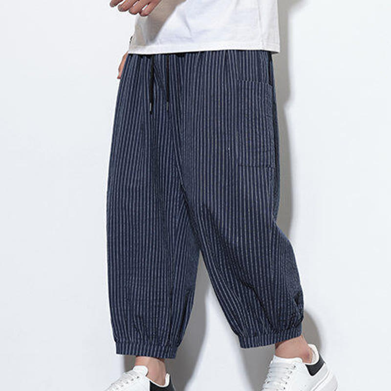 Pantalon sarouel décontracté à rayures en coton pour homme, longueur 7-8, avec poches, Buddha Stones - image 42