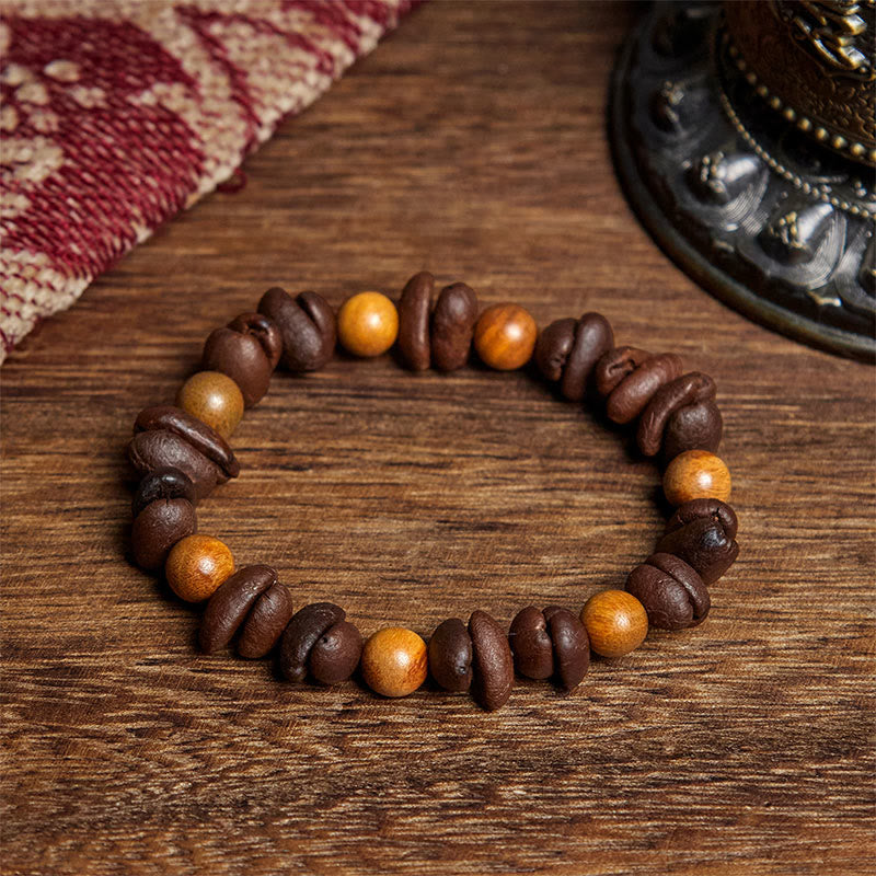 Bracelet positif en grains de café naturels et bois de santal vert Buddha Stones - Grain de café et bois de santal vert (tour de poignet : 16 cm) - image 1